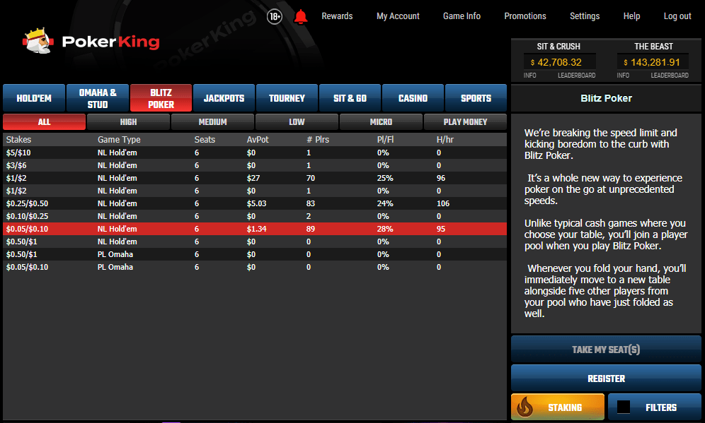 Blitz столы на PokerKing